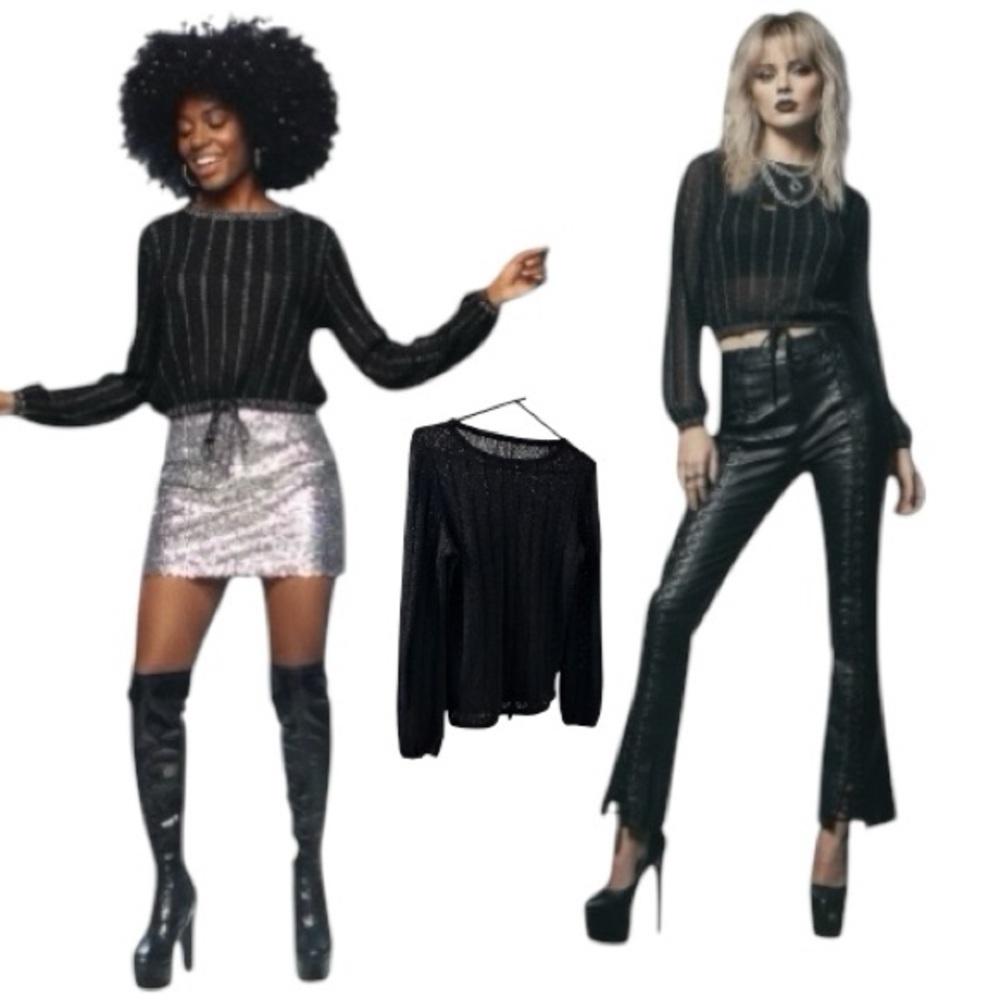 Vintage 90/Y2K Metallic Gunmetal Shimmer Ribbed Knit Top Long Sleeve Drawstring